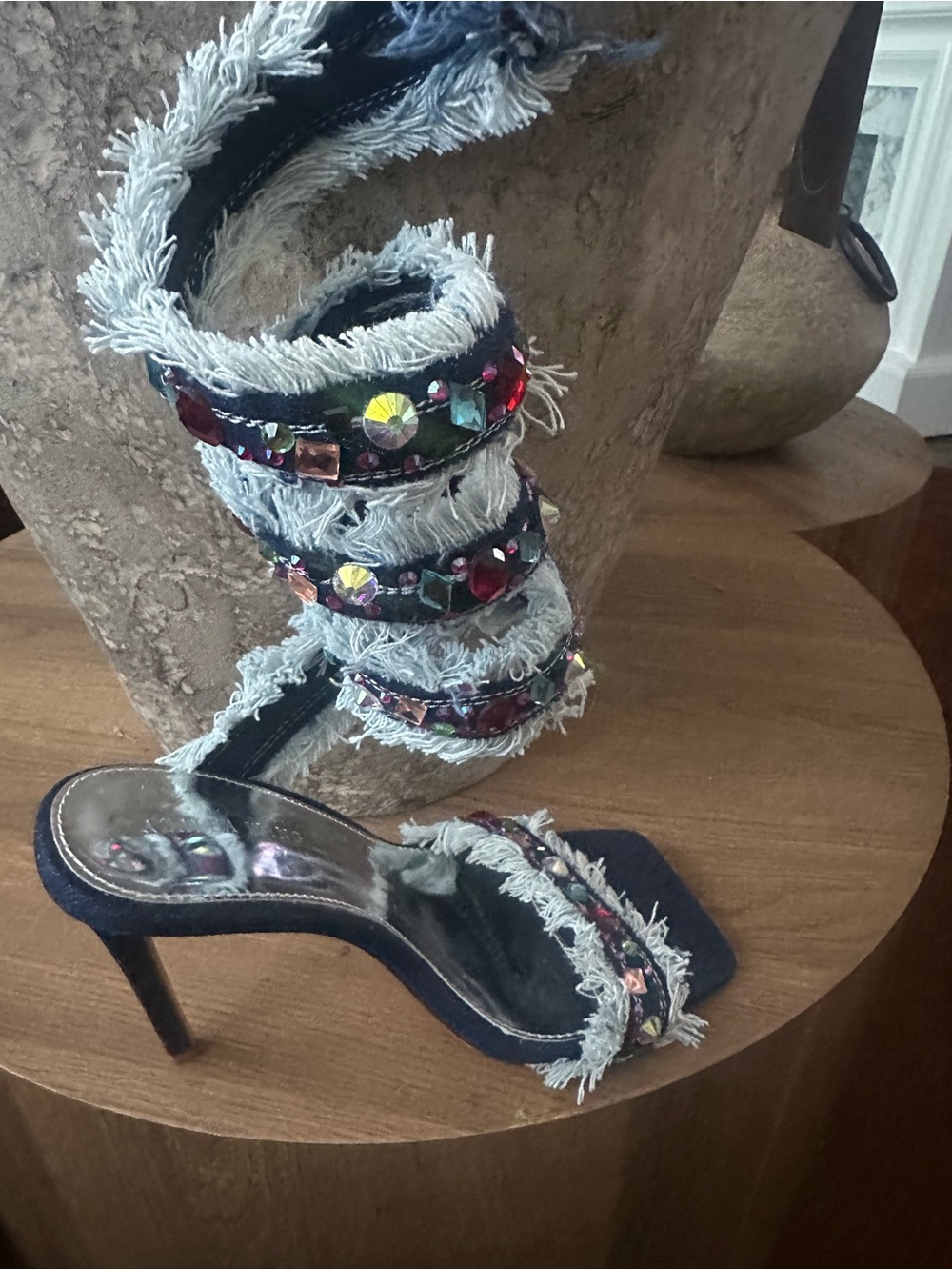 Frayed Denim Wrap Heels with Multicolor Crystal Straps - Blue
